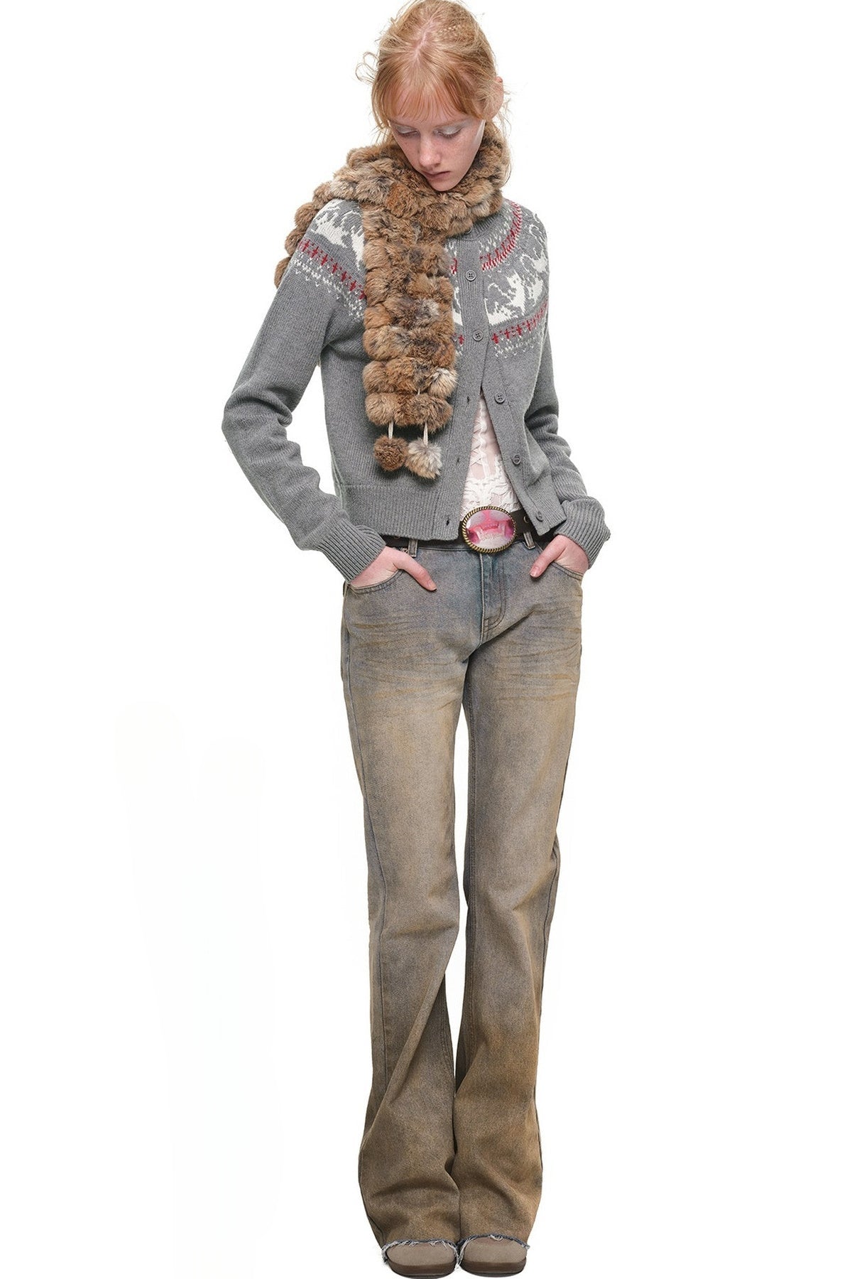 Cardigan jacquard con motivo a isole Fair Isle e gatti