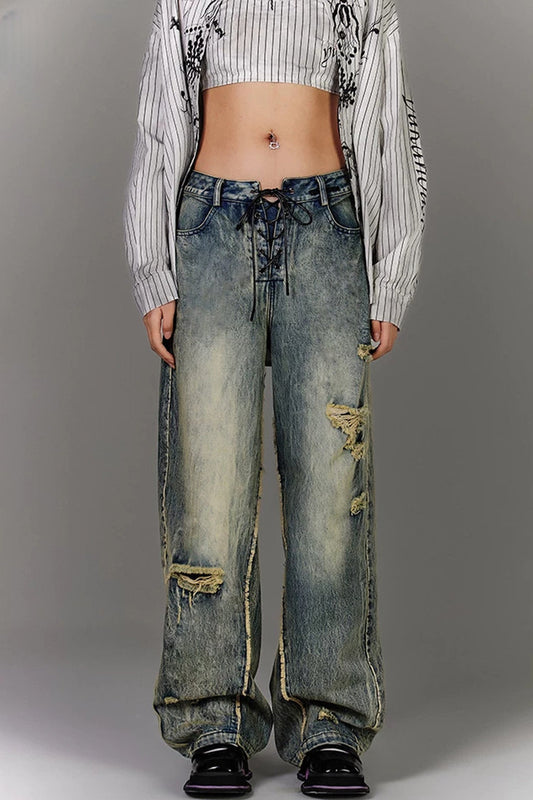 Washed Distressed Drawstring Wide-Leg Jeans