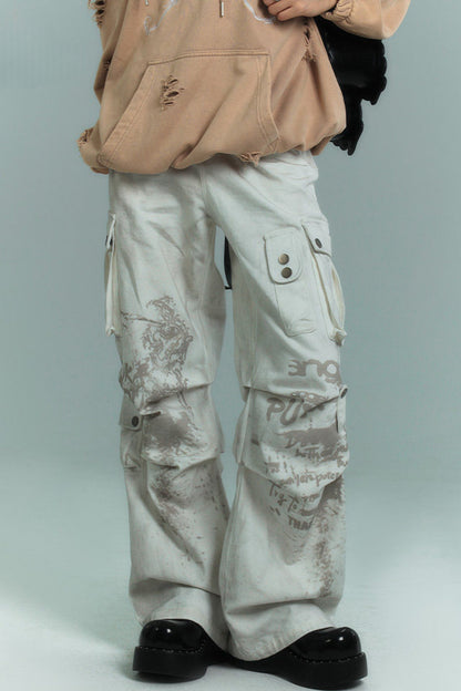 Dirty-Washed Multi-Pocket Wide-Leg Cargo Pants