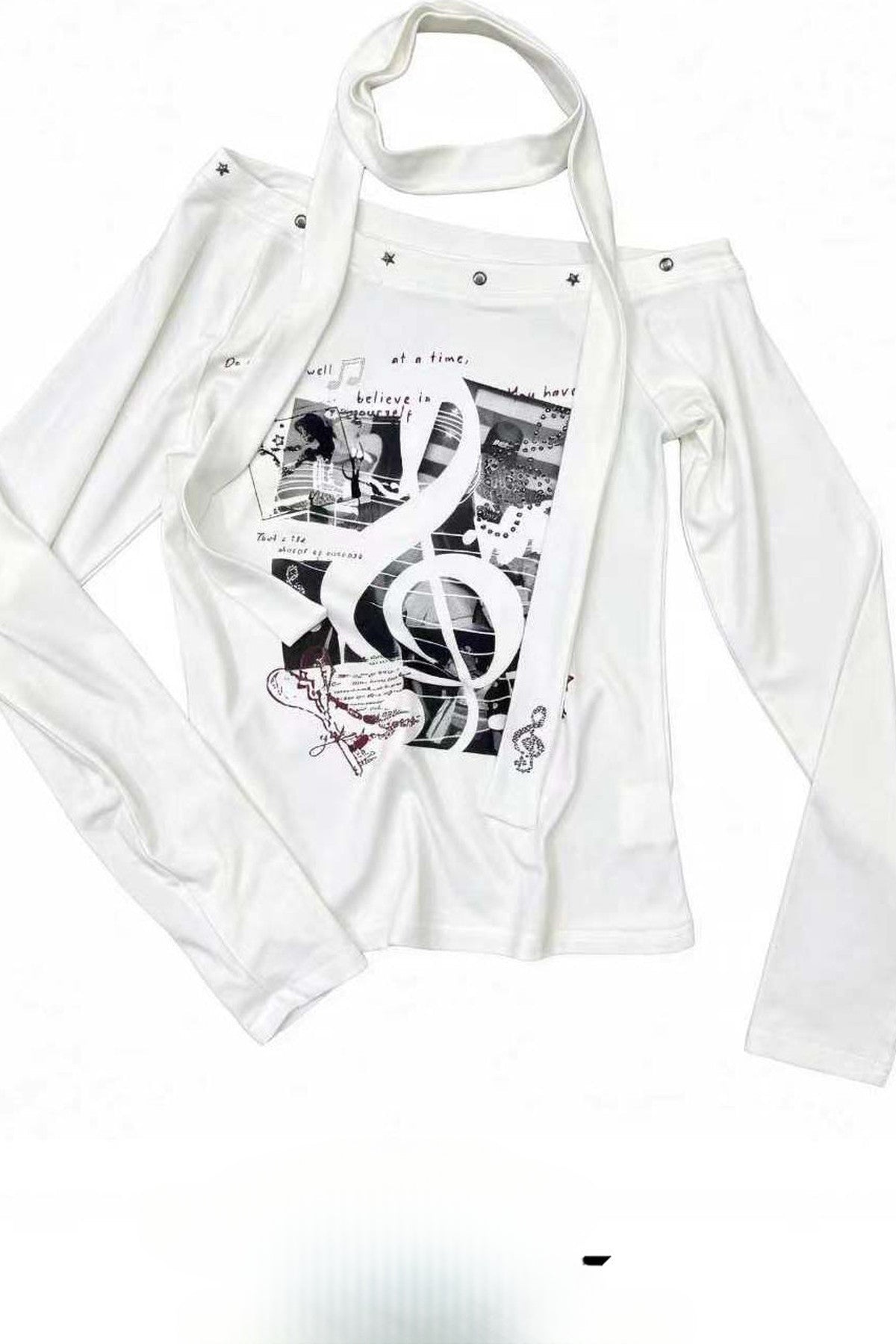 White Off-Shoulder Graphic Long-Sleeve T-Shirt