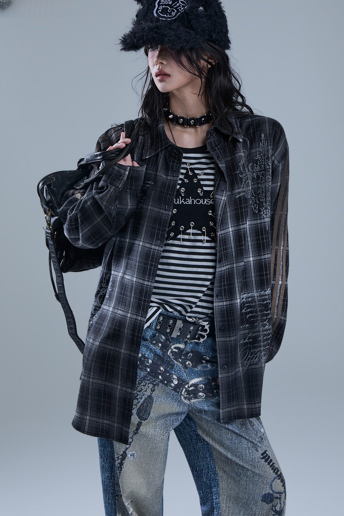 Long-Sleeved Striped Patchwork Plaid Shirt