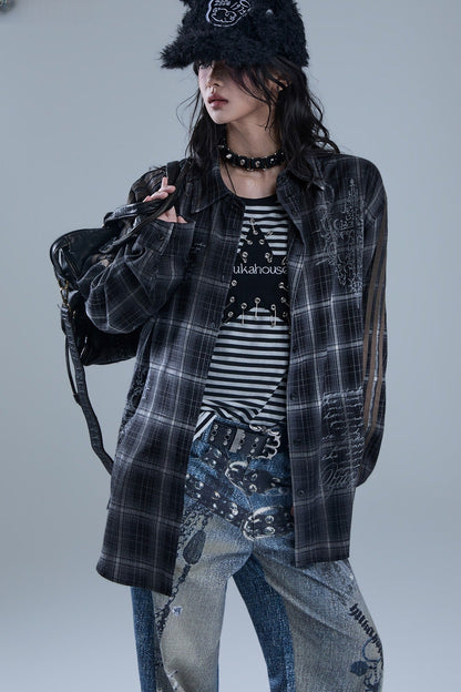 Long-Sleeved Striped Patchwork Plaid Shirt
