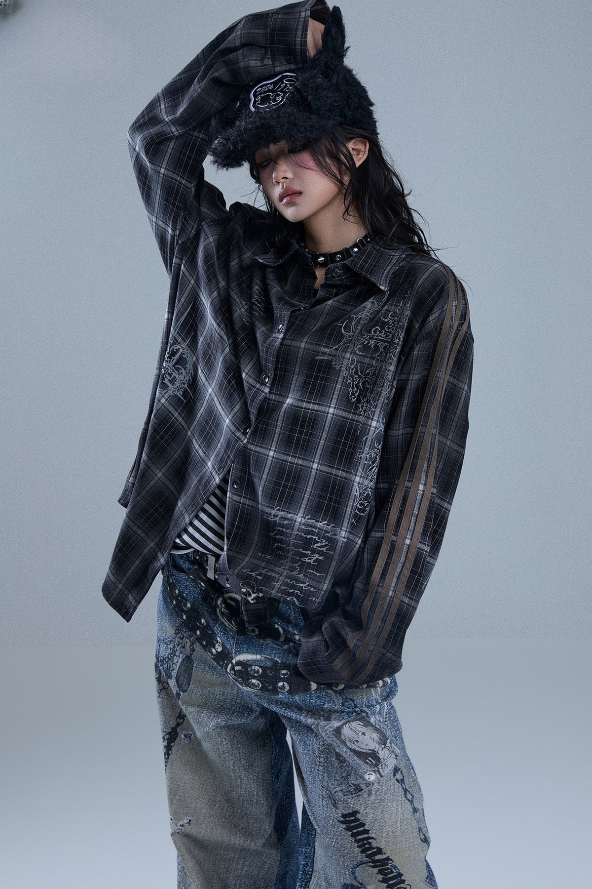 Long-Sleeved Striped Patchwork Plaid Shirt
