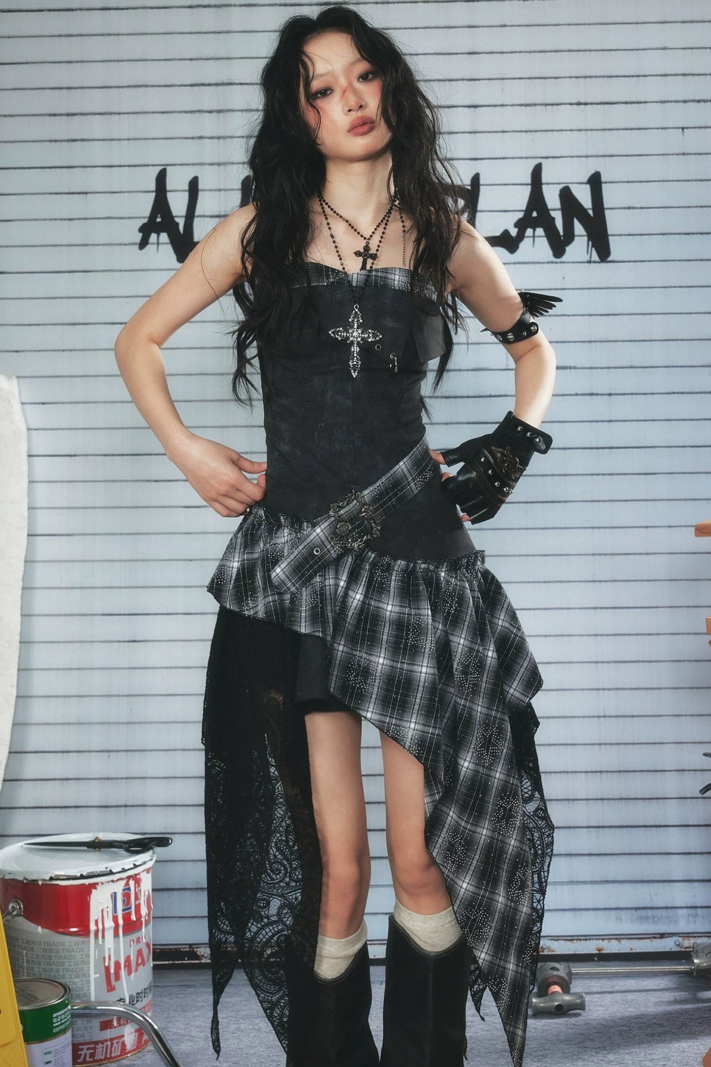 Plaid Asymmetrical Hem Layered-Look Dress