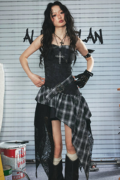 Plaid Asymmetrical Hem Layered-Look Dress