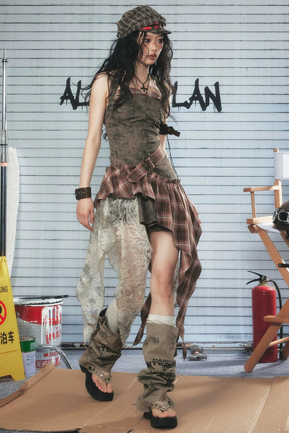 Plaid Asymmetrical Hem Layered-Look Dress
