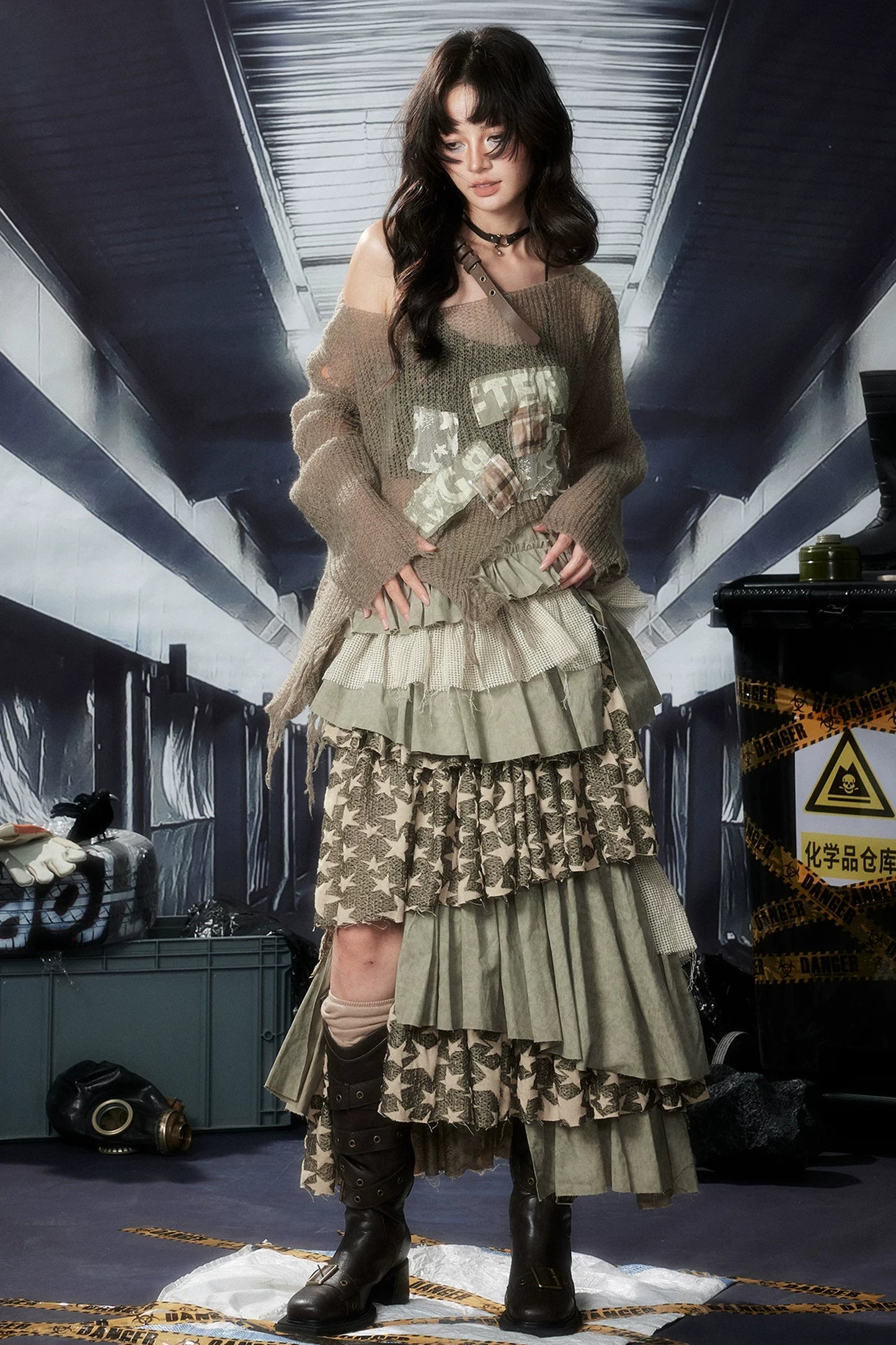 Asymmetrical Slit Tiered Skirt