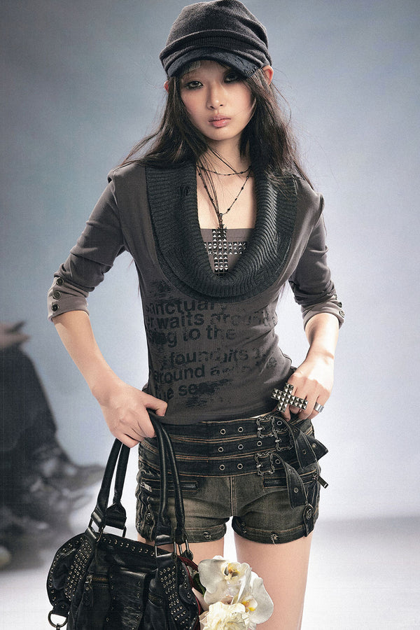 Punk Graffiti Rhinestone Lapel Knit Blouse