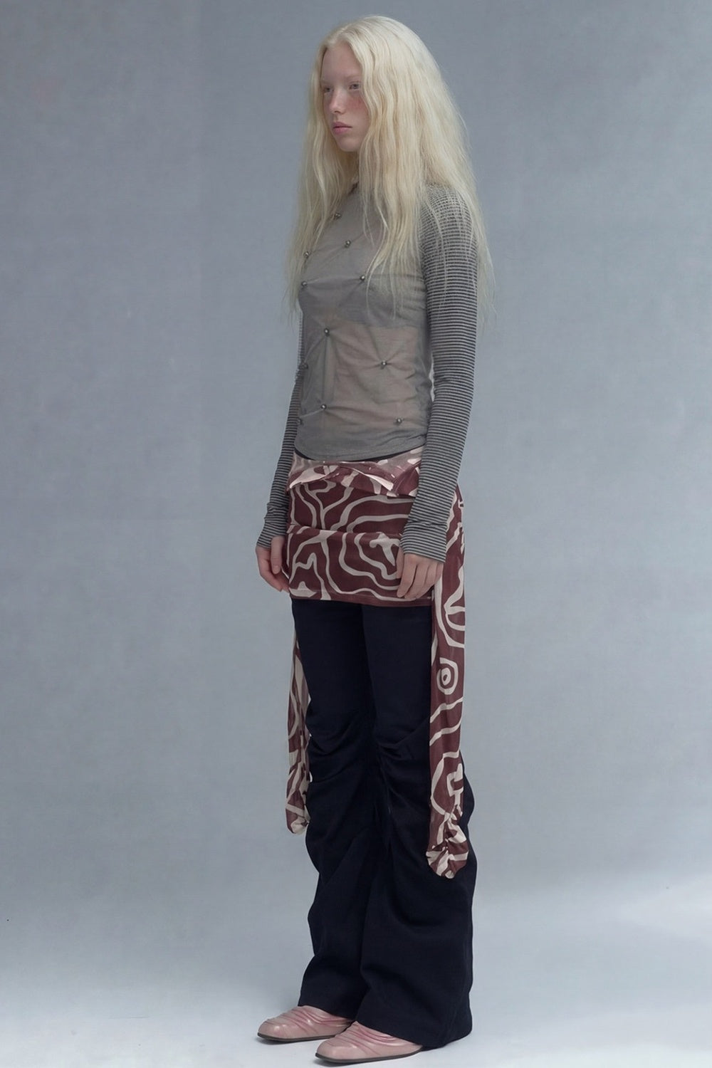 Studded Striped Long-Sleeve Sheer Mesh T-shirt