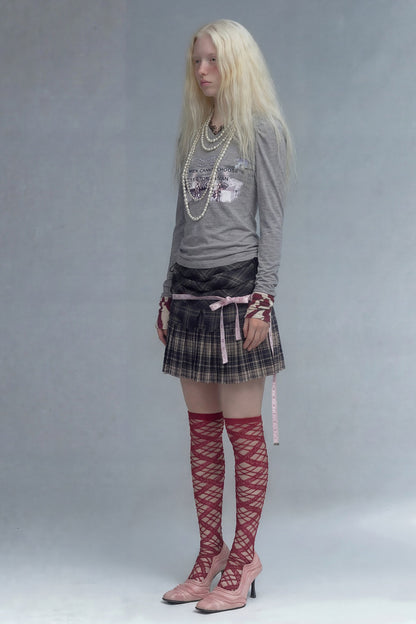 Gray Lace Patchwork Long-Sleeved T-shirt