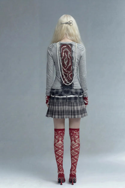 Gray Lace Patchwork Long-Sleeved T-shirt