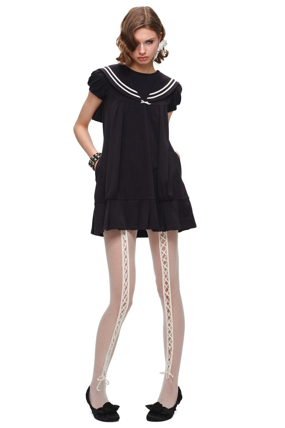 Oversized Sailor Collar Puff Sleeve Dress