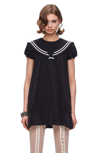 Oversized Sailor Collar Puff Sleeve Dress