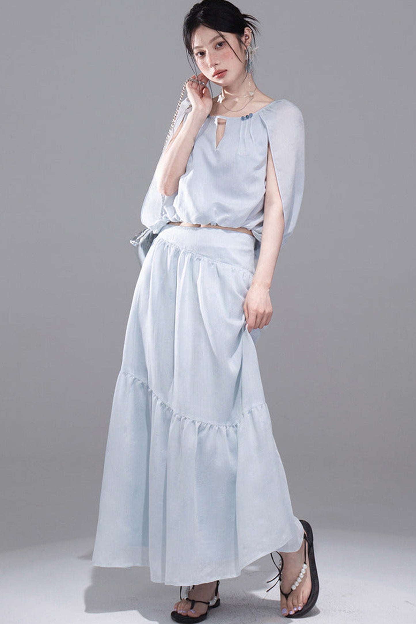 Elegant Ice Blue Linen Cape Set
