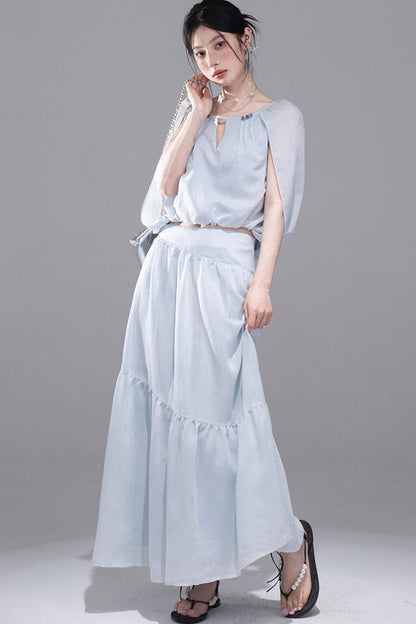 Elegant Ice Blue Linen Cape Set