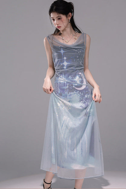Galaxy Blue Knitted Mesh Dress