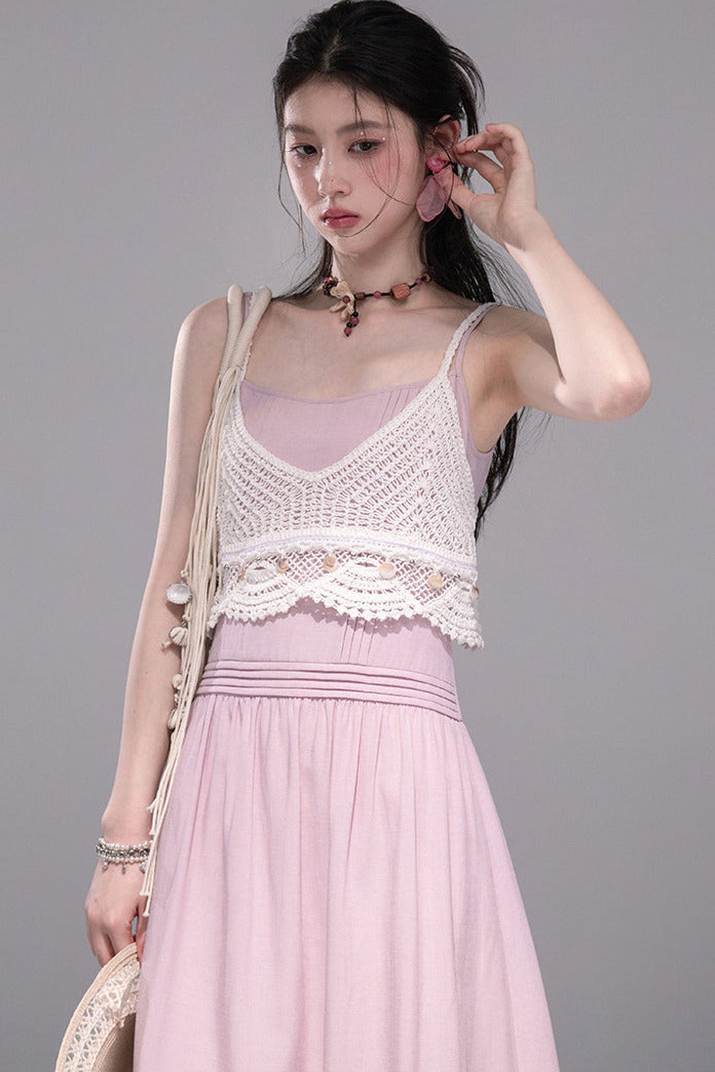 Peach Pink Crochet Dress Set