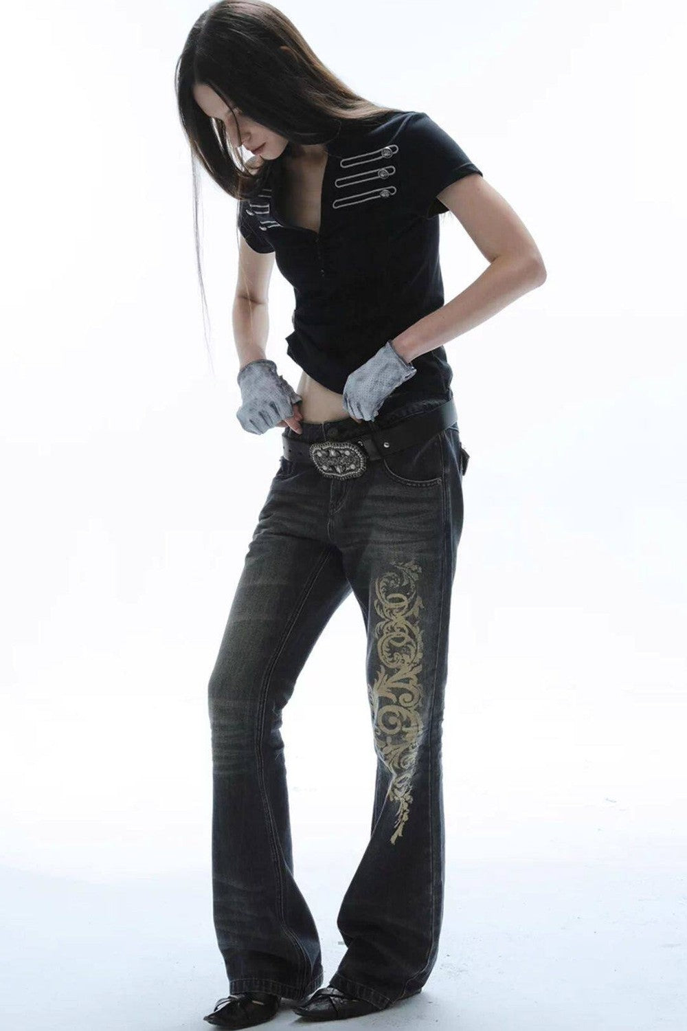 Distressed Baroque Flared Jeans