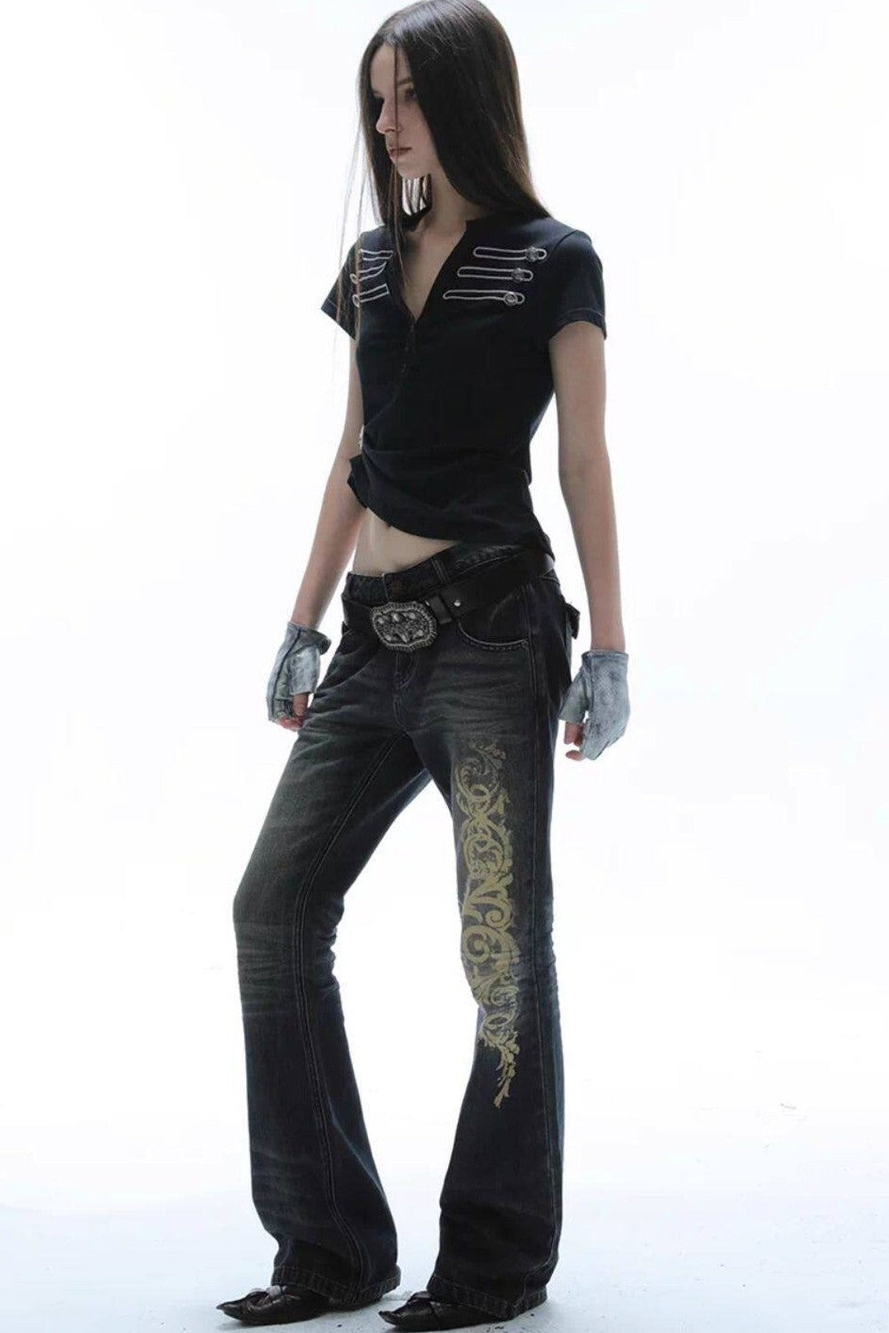 Distressed Baroque Flared Jeans