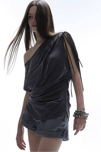 Rhinestone Off-Shoulder Batwing Blouse