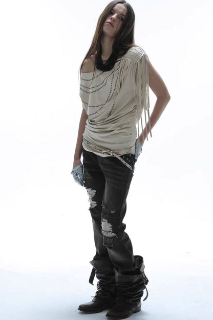 Rhinestone Off-Shoulder Batwing Blouse