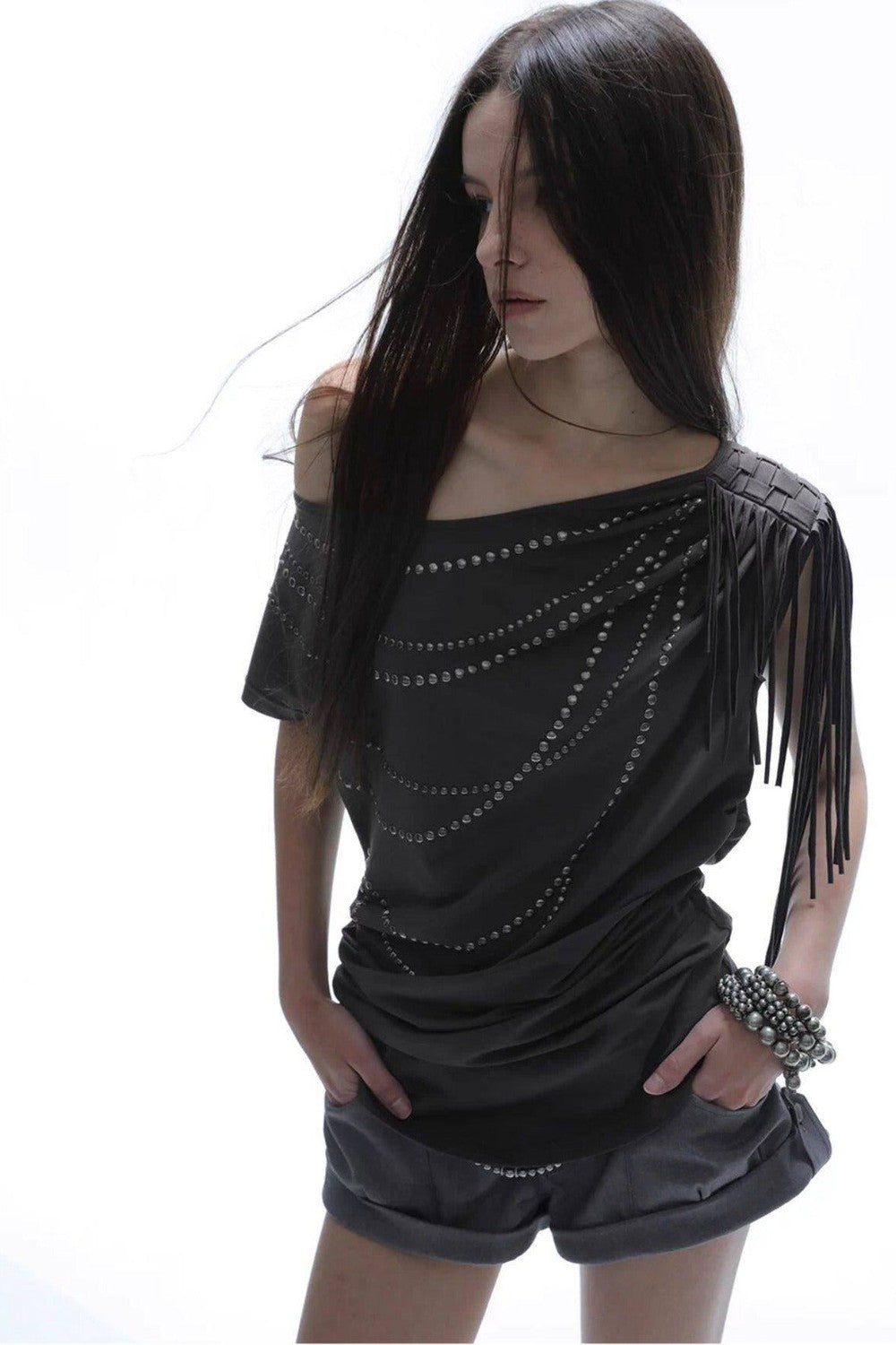 Rhinestone Off-Shoulder Batwing Blouse