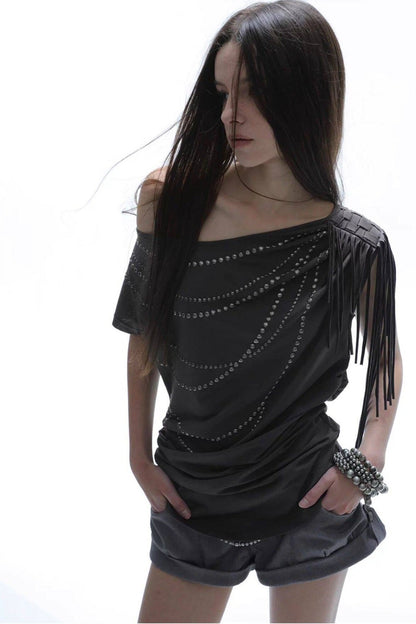 Rhinestone Off-Shoulder Batwing Blouse