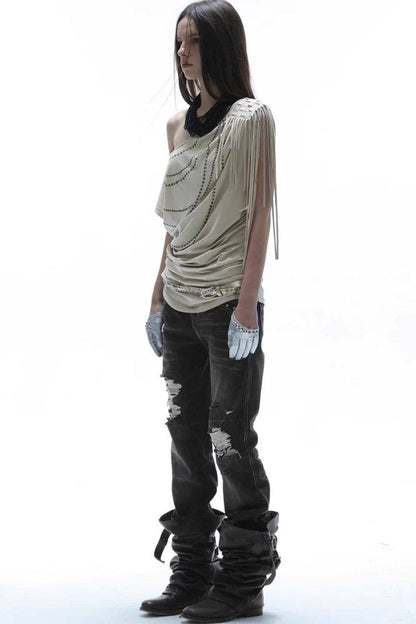 Rhinestone Off-Shoulder Batwing Blouse
