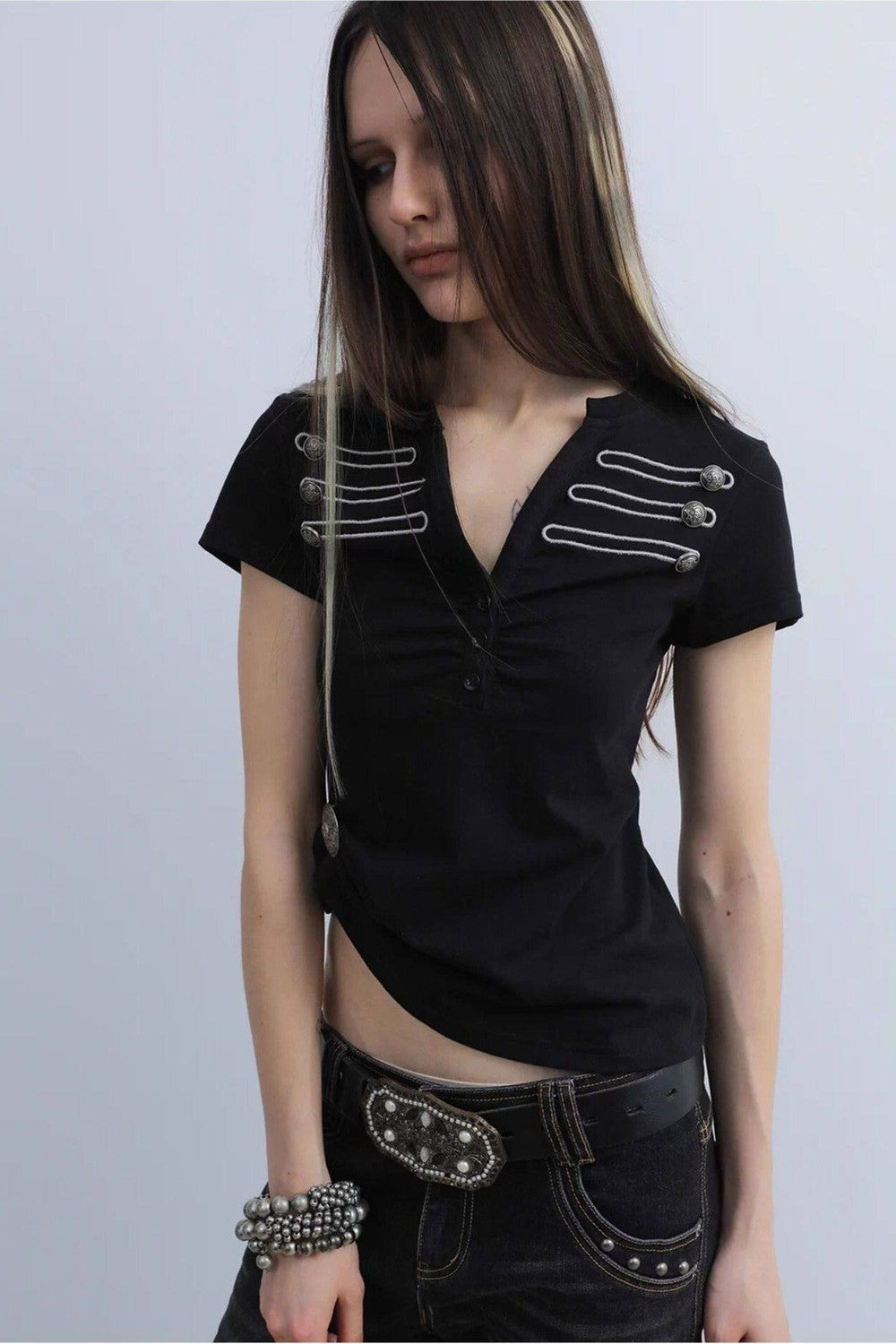 Retro Embroidered Henley Blouse