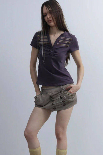 Retro Embroidered Henley Blouse