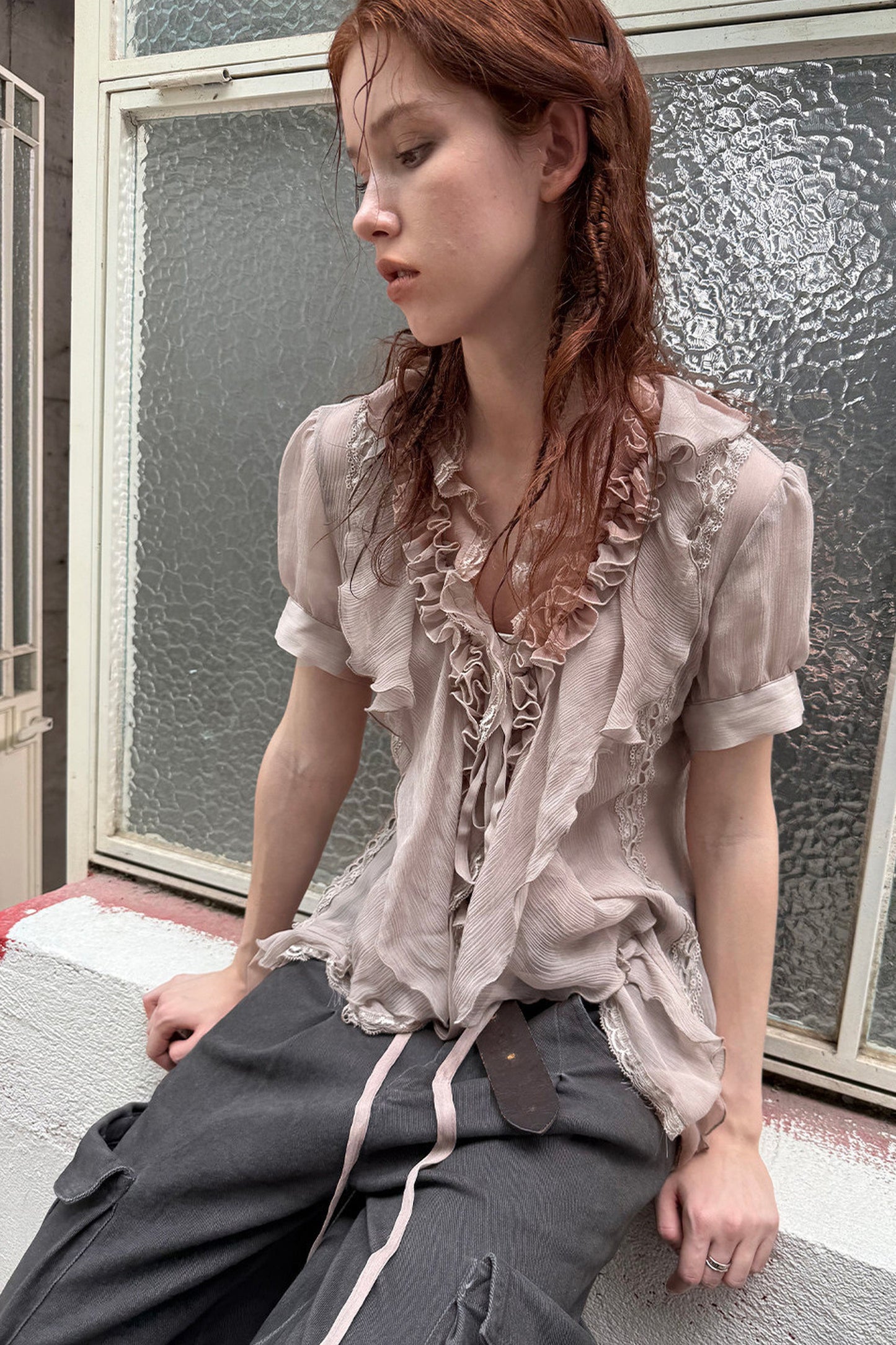 Textured Gauze Ruffled Blouse