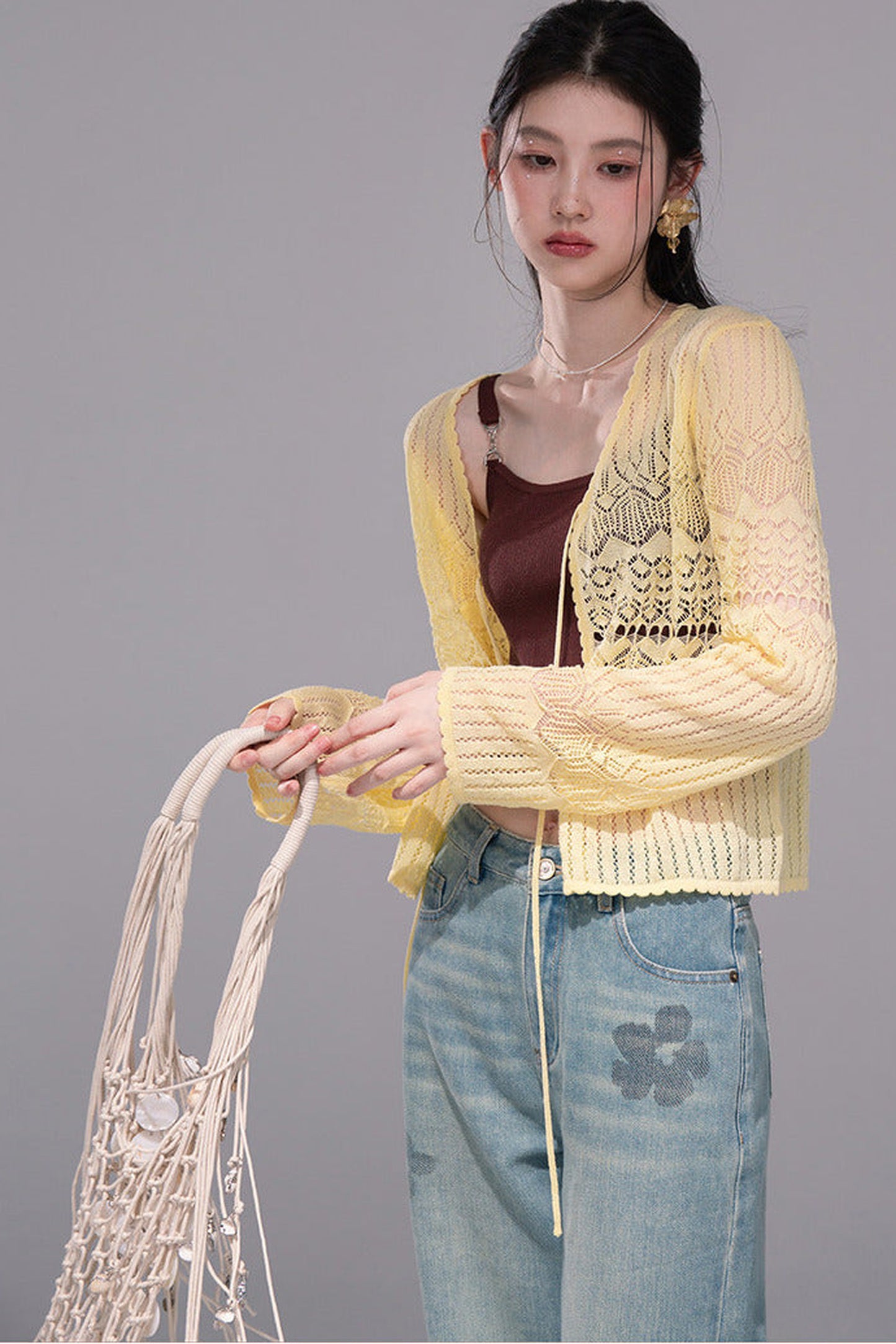 Hollow-Out Lyocell Knit Cardigan