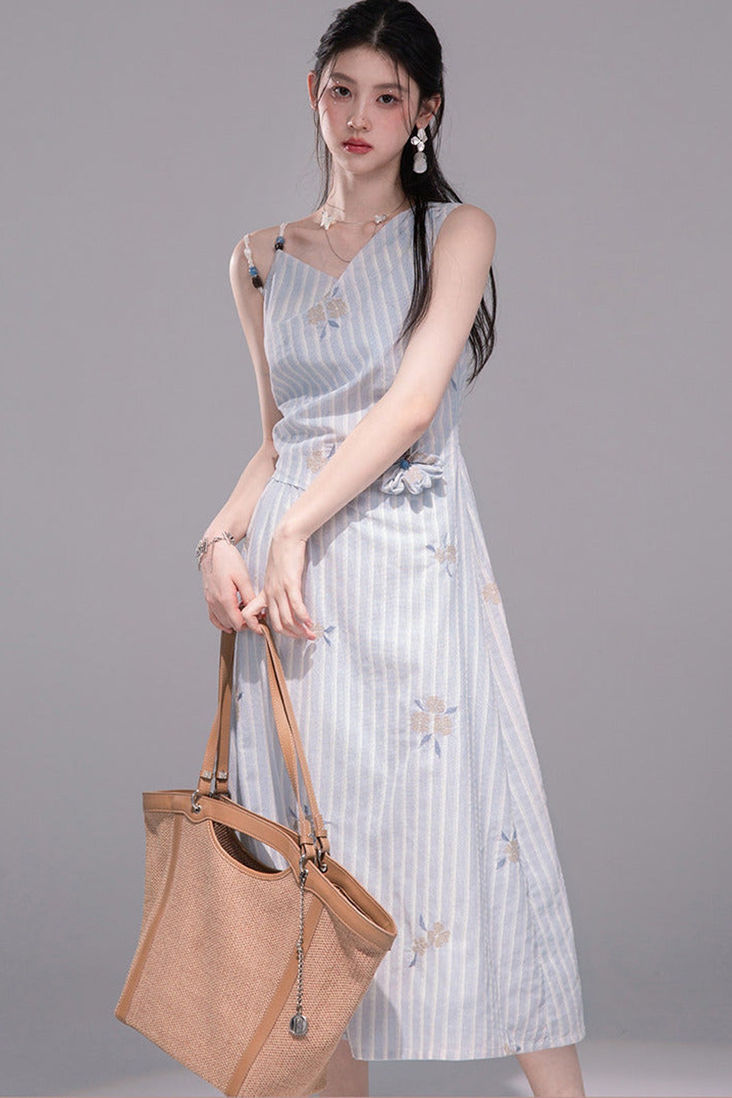 Mist Blue Striped Tank Dress