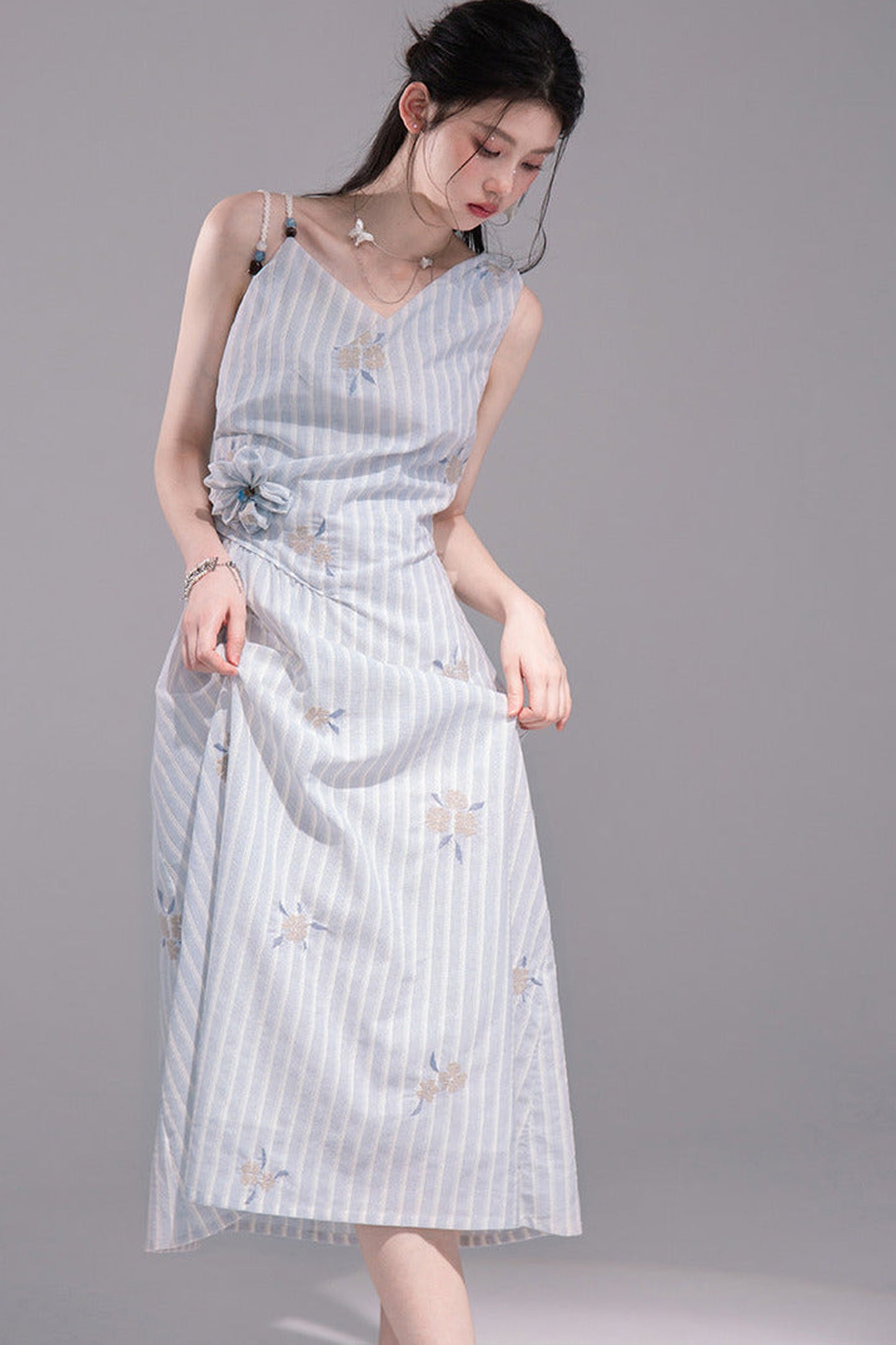 Mist Blue Striped Tank Dress