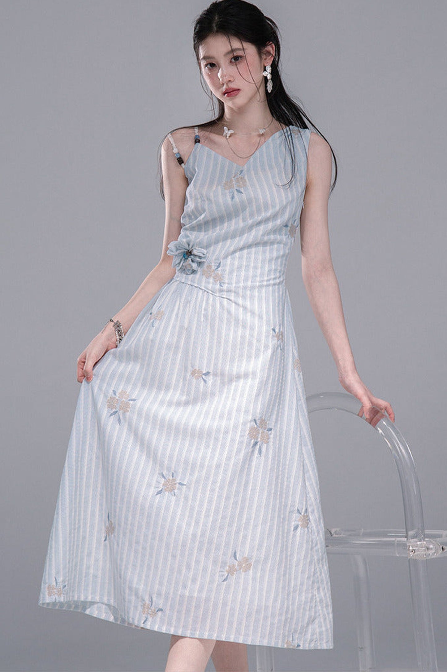 Mist Blue Striped Tank Dress