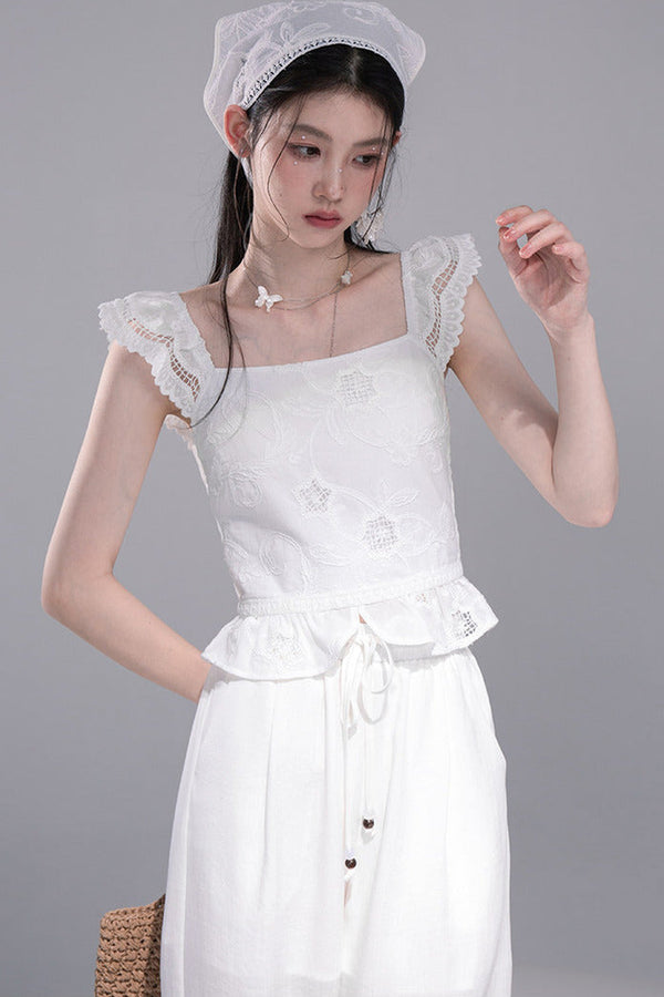 Moon White Lace Top Pants Set-Up