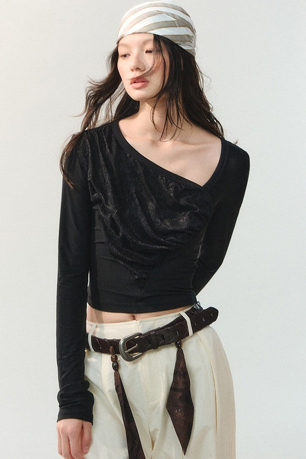 Ink Pleated Lace Asymmetrical T-Shirt