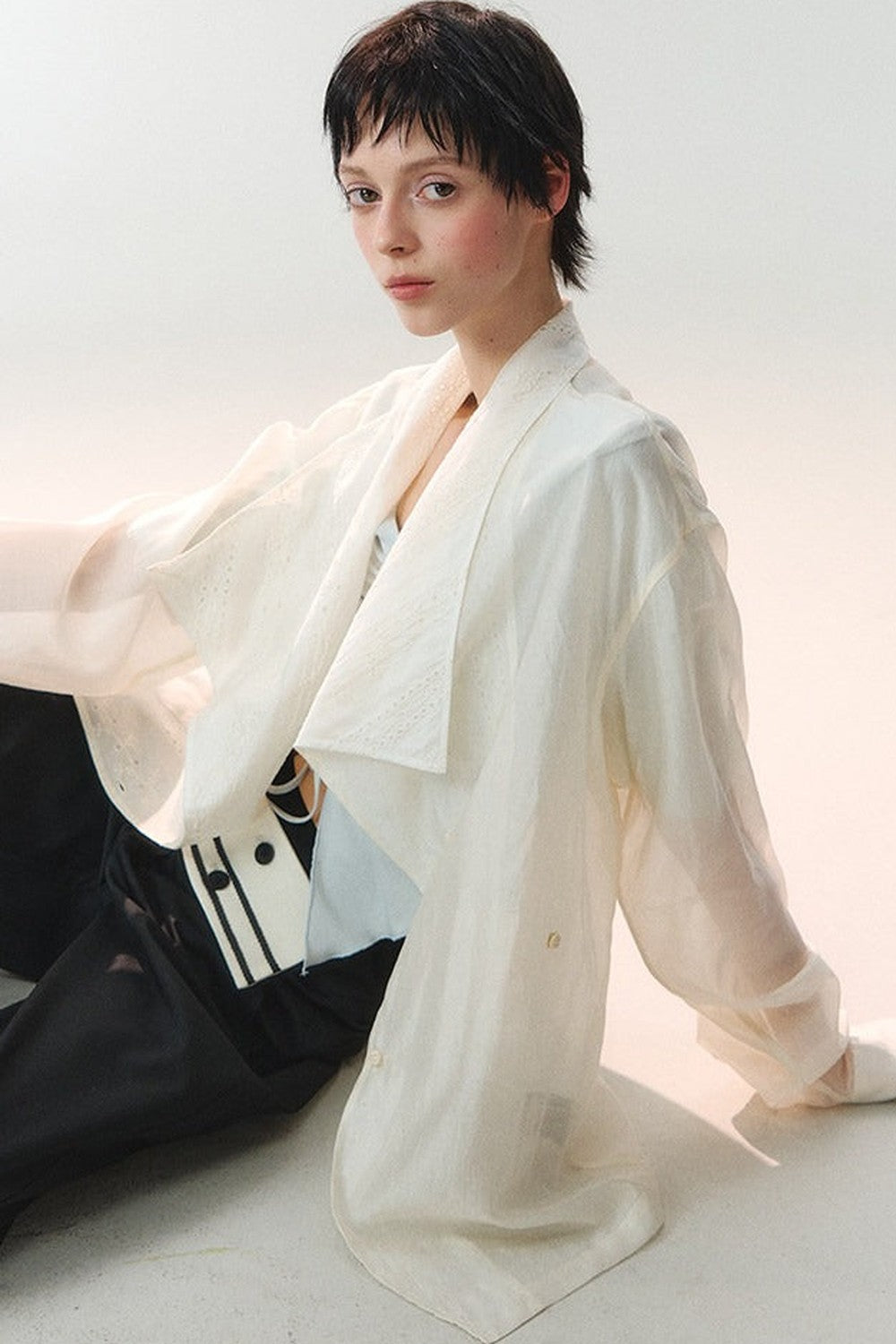 Folded Embroidery Plant Texture Shirt Set