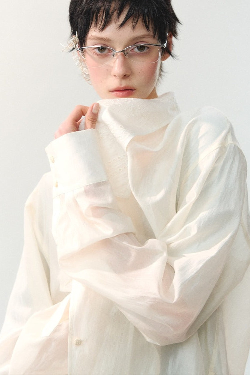 Folded Embroidery Plant Texture Shirt Set