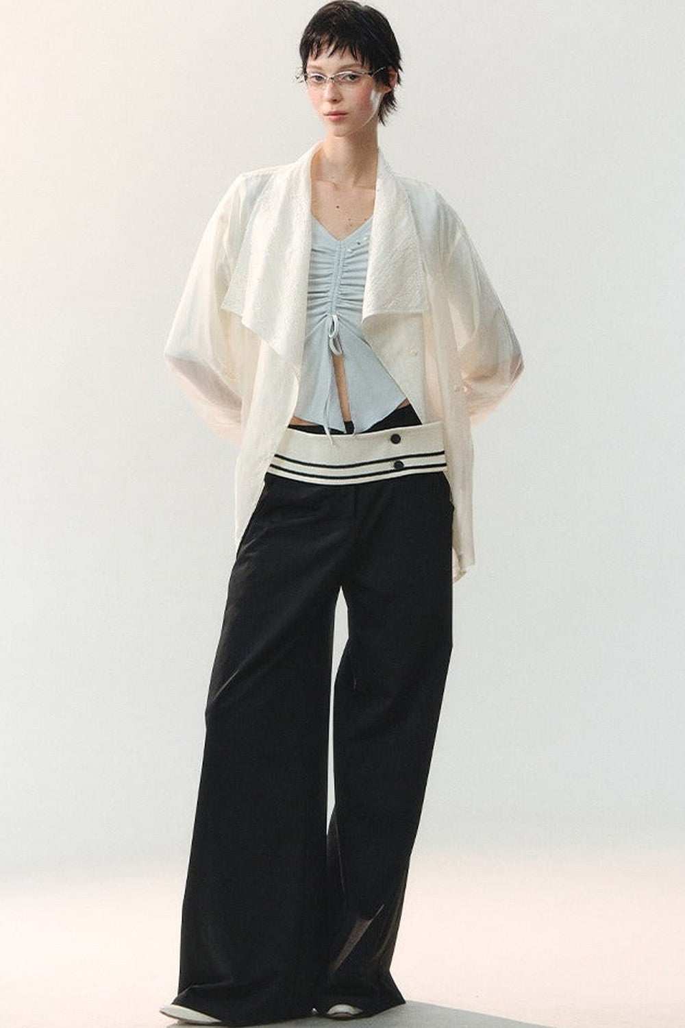 Folded Embroidery Plant Texture Shirt Set