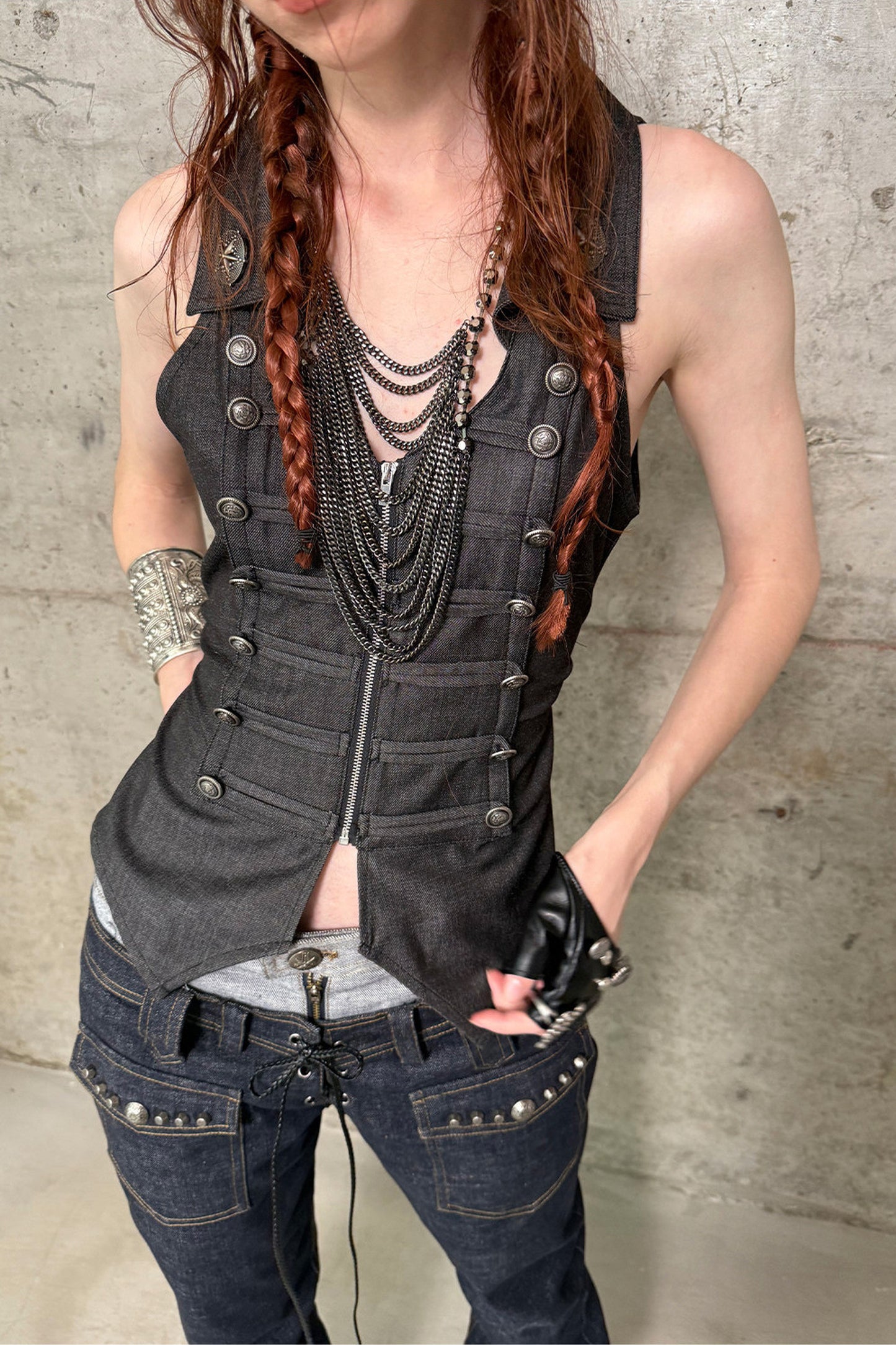 V-Neck Double-Breasted Zipper Vest