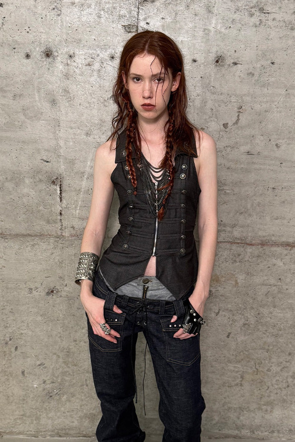 V-Neck Double-Breasted Zipper Vest