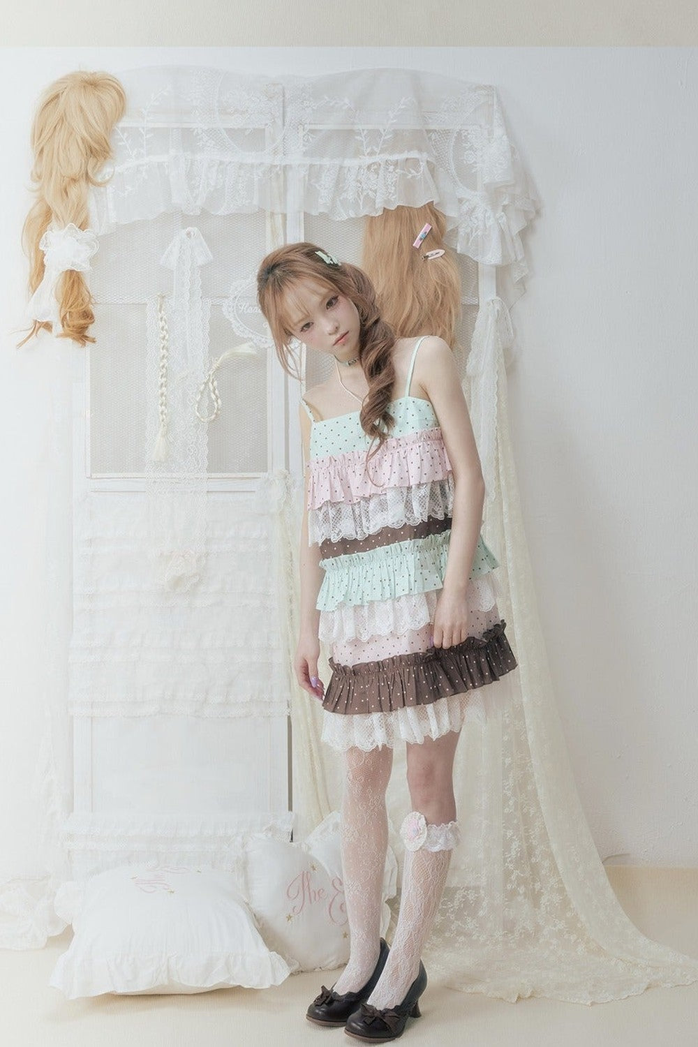 Pink Green Polka Dot Lace Ruffle Dress