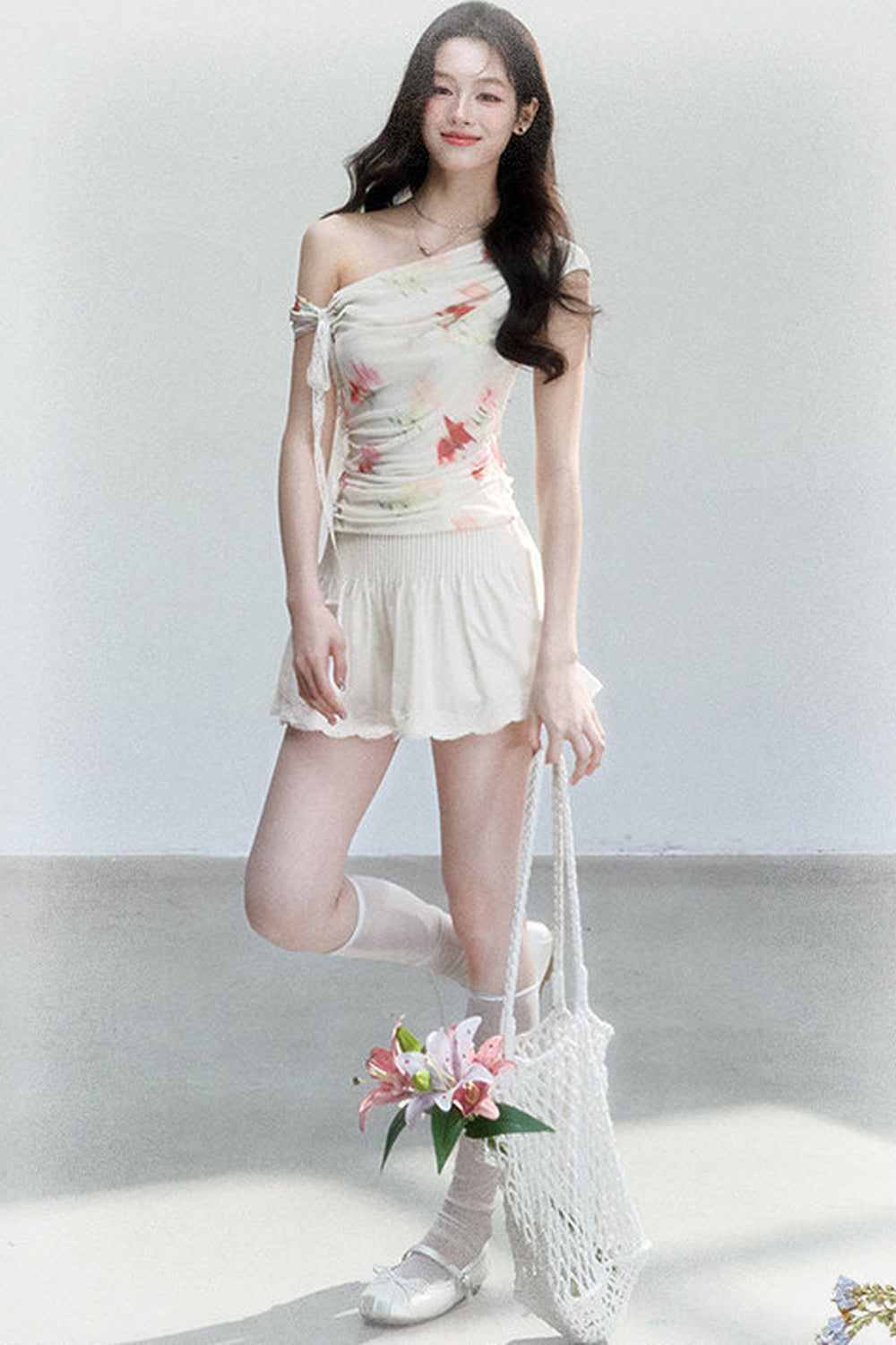 Floral Mesh Off-Shoulder Top Set-Up