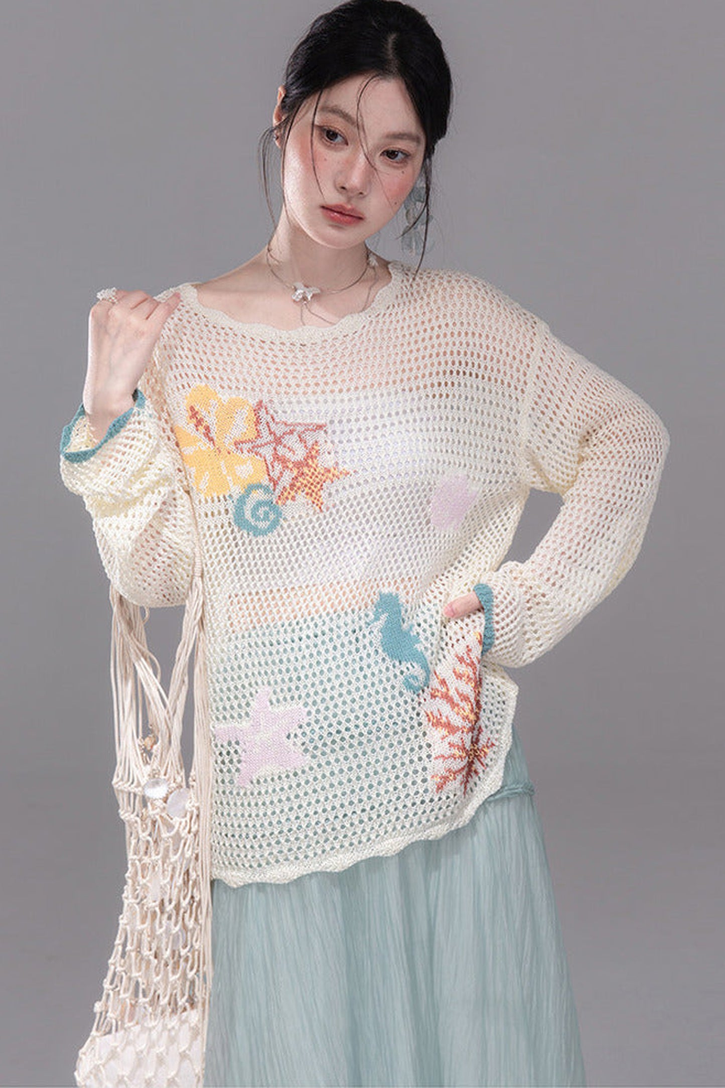 Color Clash Jacquard Knit Blouse