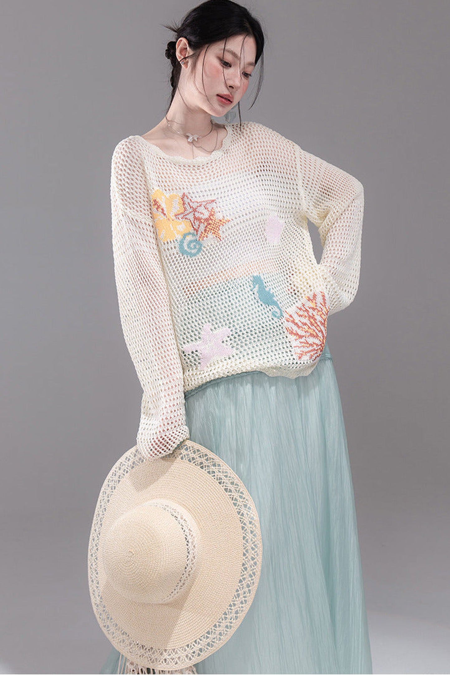Color Clash Jacquard Knit Blouse