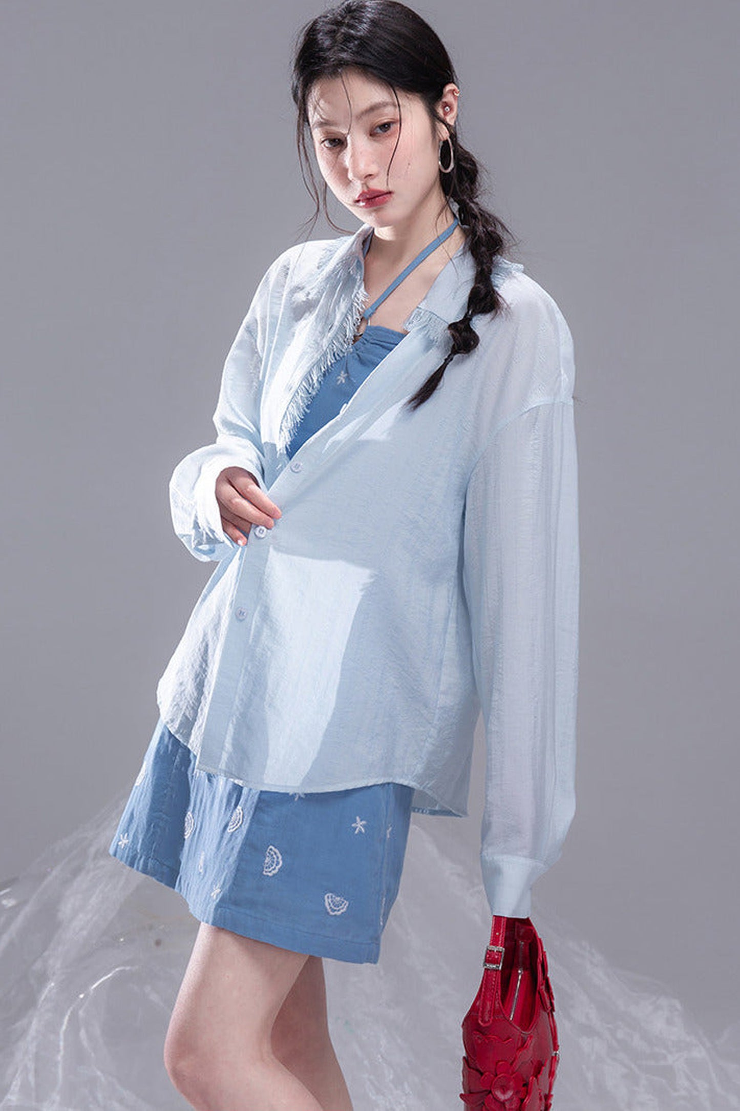 Star Mist Blue Tassel Lace Blouse