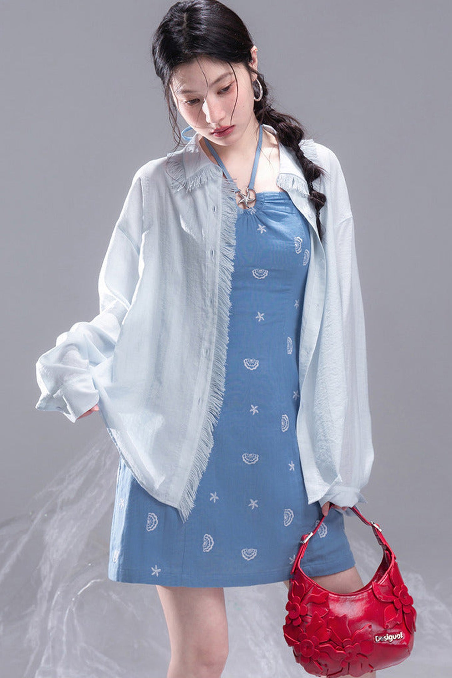 Star Mist Blue Tassel Lace Blouse