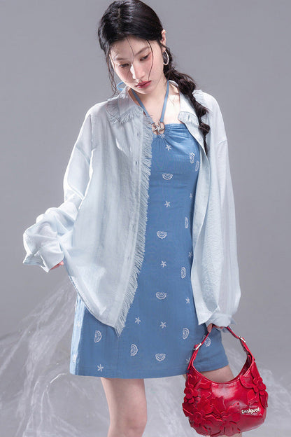 Star Mist Blue Tassel Lace Blouse