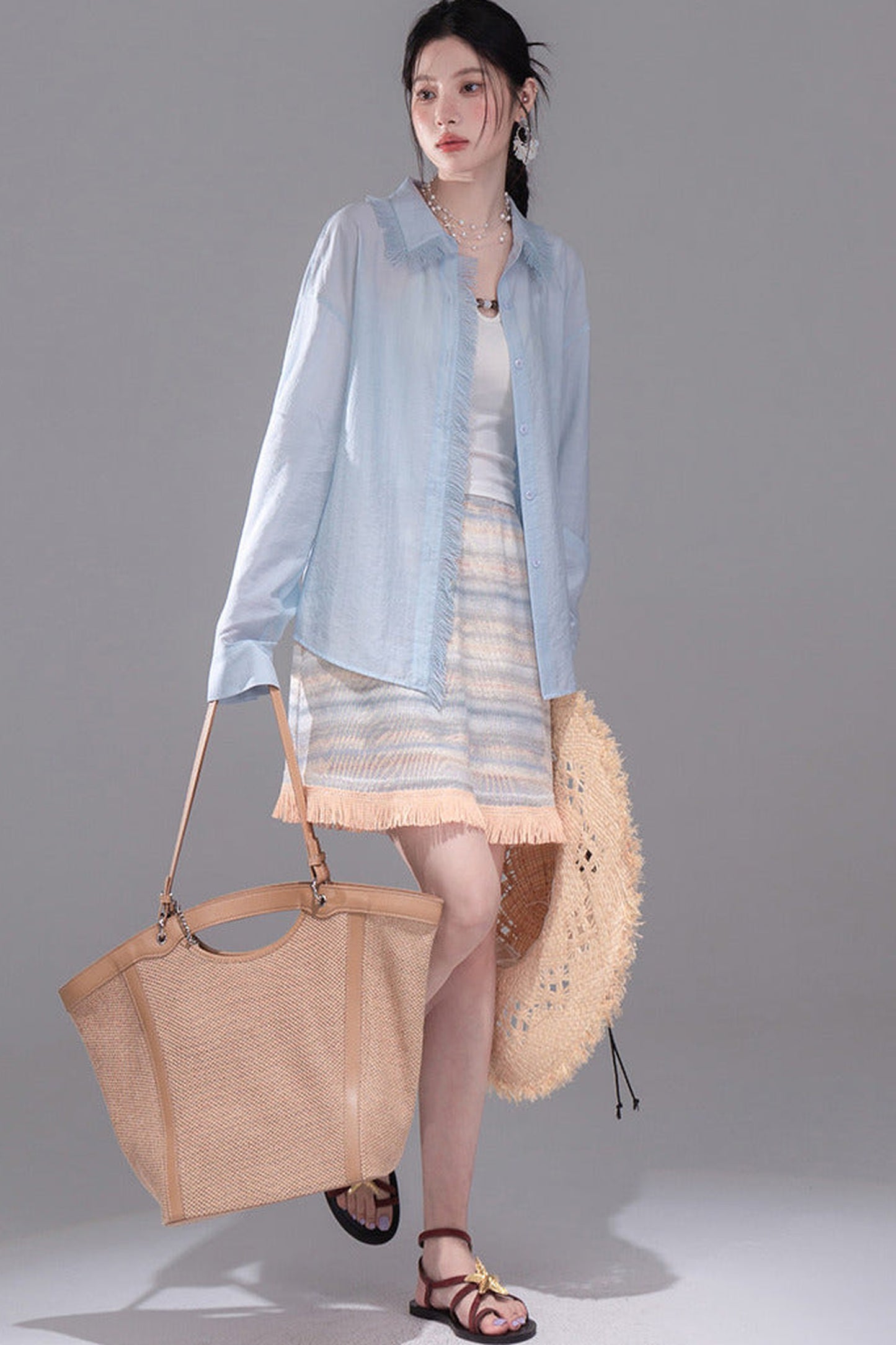 Star Mist Blue Tassel Lace Blouse